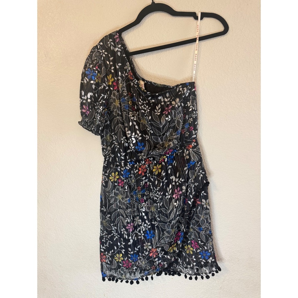 Raga‎ One Shoulder Floral Metallic Lurex Mini Dress Black Pom Pom Trim Size M
